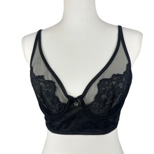 Victoria's Secret Body by Victoria Unlined Demi Bra Black Lace Mesh 36B Longline